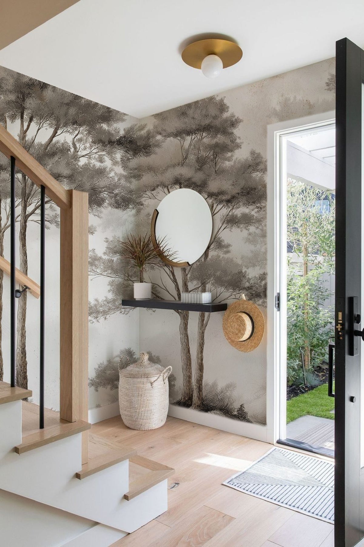 Sepia Pine Forest Wallpaper : Misty Sketched Trees Mural - View 3