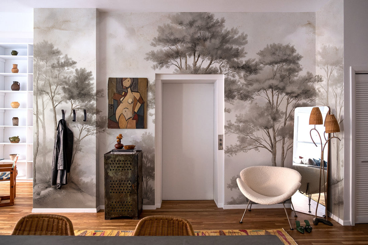 Sepia Pine Forest Wallpaper : Misty Sketched Trees Mural - View 4