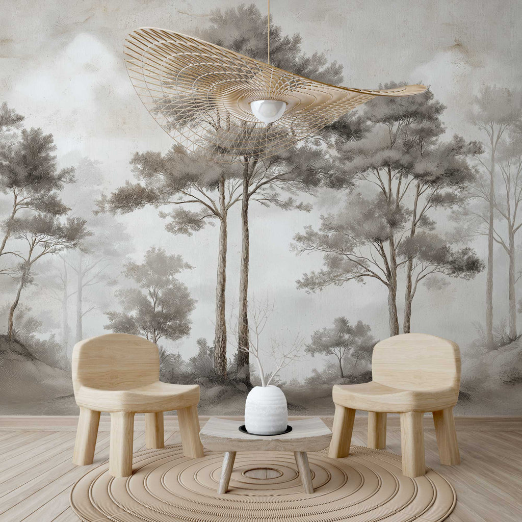 Sepia Pine Forest Wallpaper : Misty Sketched Trees Mural - View 5