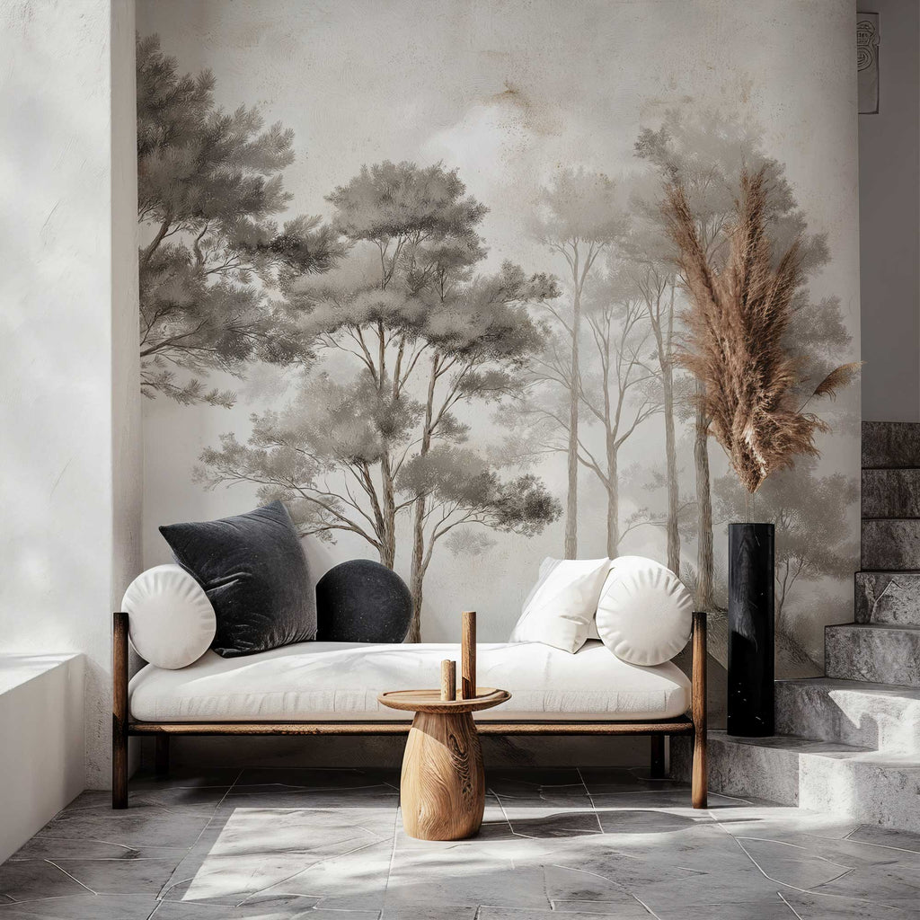 Sepia Pine Forest Wallpaper : Misty Sketched Trees Mural - View 2