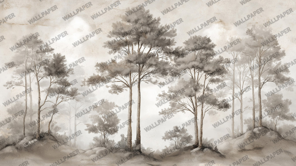Sepia Pine Forest Wallpaper : Misty Sketched Trees Mural - flat design