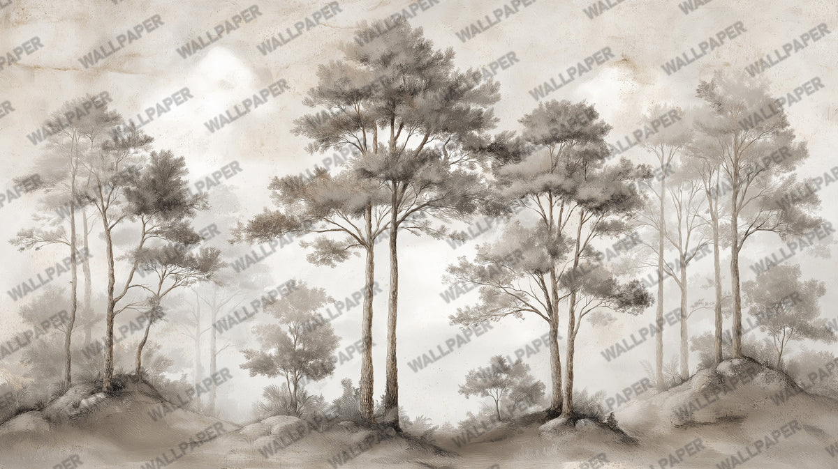 Sepia Pine Forest Wallpaper : Misty Sketched Trees Mural - flat design
