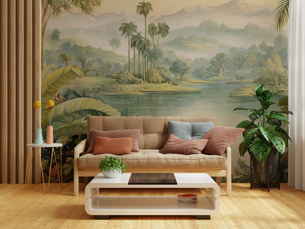 Tropical Lake Landscape Wallpaper : Vintage Botanical Palm Mural