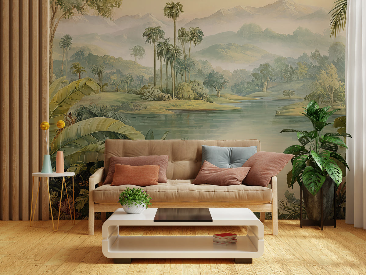 Tropical Lake Landscape Wallpaper : Vintage Botanical Palm Mural