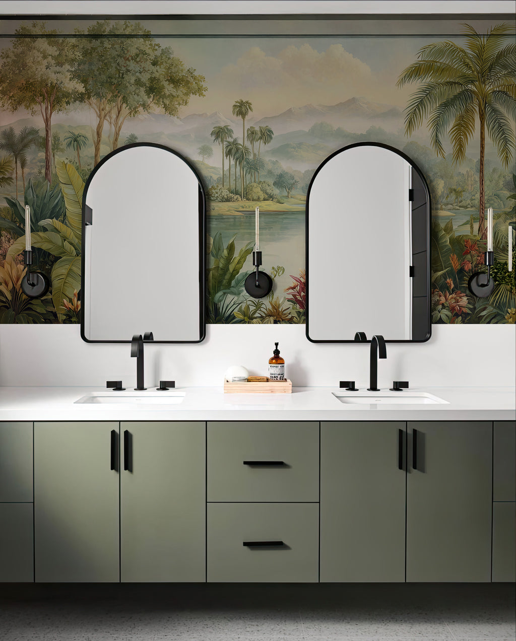 Tropical Lake Landscape Wallpaper : Vintage Botanical Palm Mural - View 2