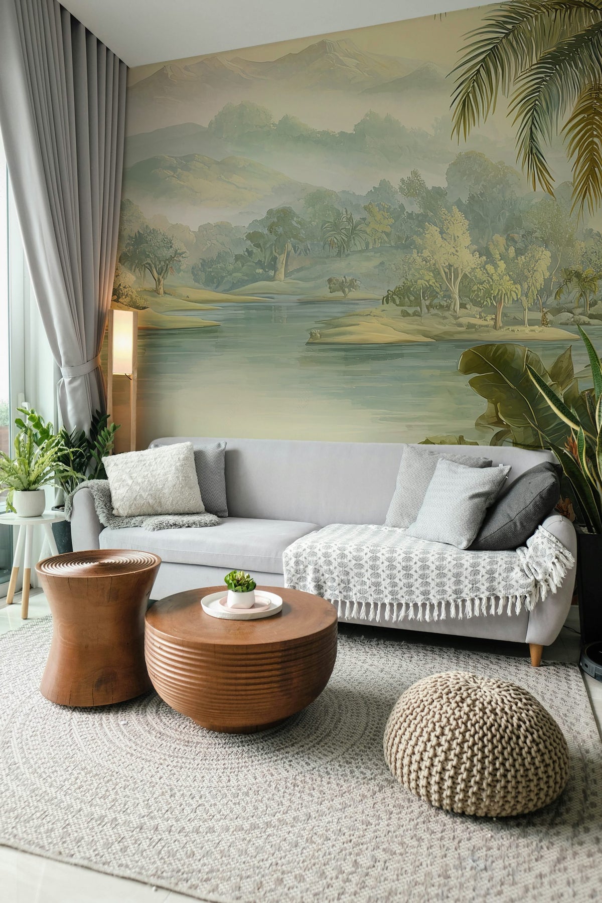 Tropical Lake Landscape Wallpaper : Vintage Botanical Palm Mural - View 3