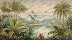 Tropical Lake Landscape Wallpaper : Vintage Botanical Palm Mural - flat design