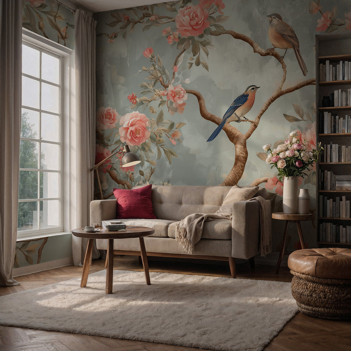 Spring Garden Bird Wallpaper : Sage Chinoiserie Blossom Mural
