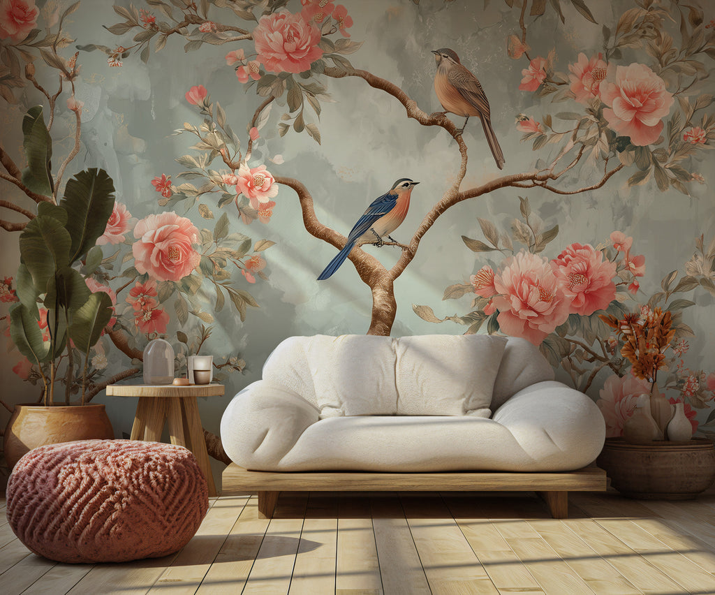 Spring Garden Bird Wallpaper : Sage Chinoiserie Blossom Mural - View 3