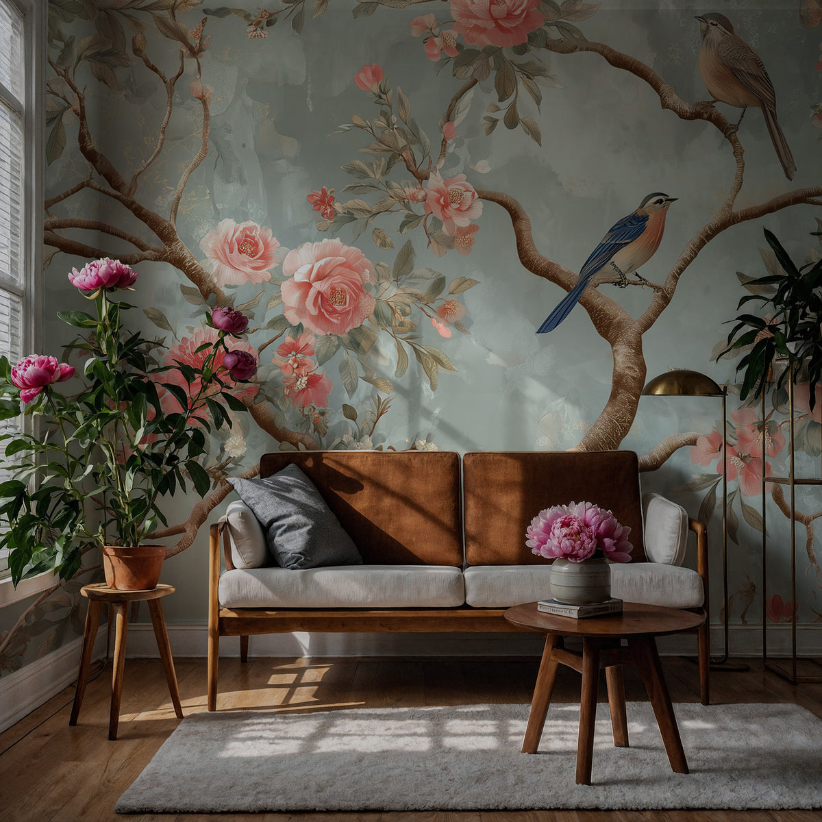 Spring Garden Bird Wallpaper : Sage Chinoiserie Blossom Mural - View 4
