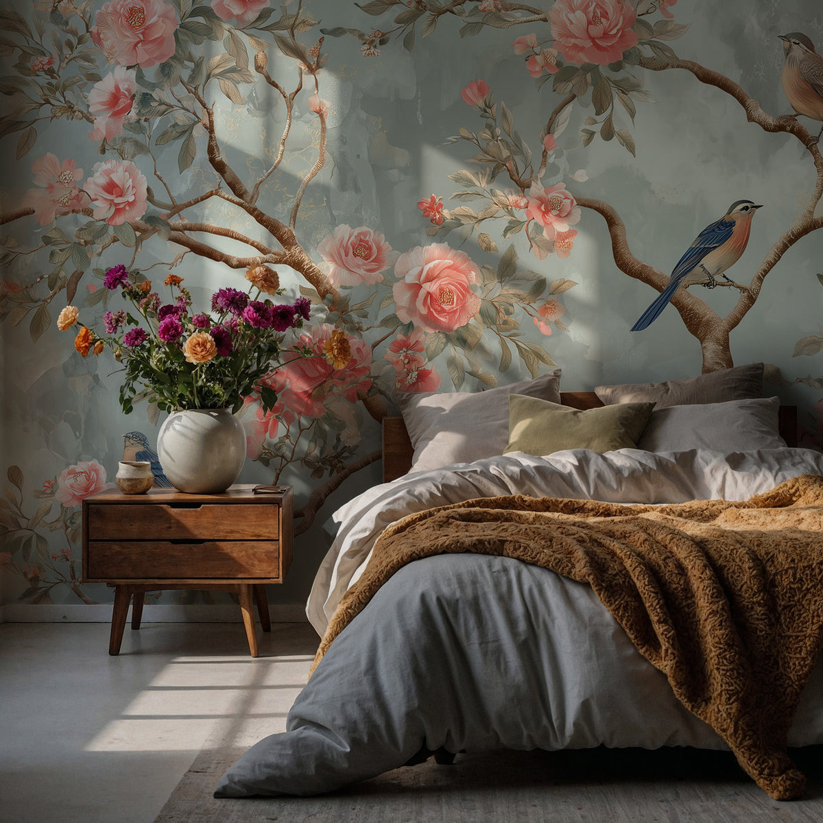 Spring Garden Bird Wallpaper : Sage Chinoiserie Blossom Mural - View 5