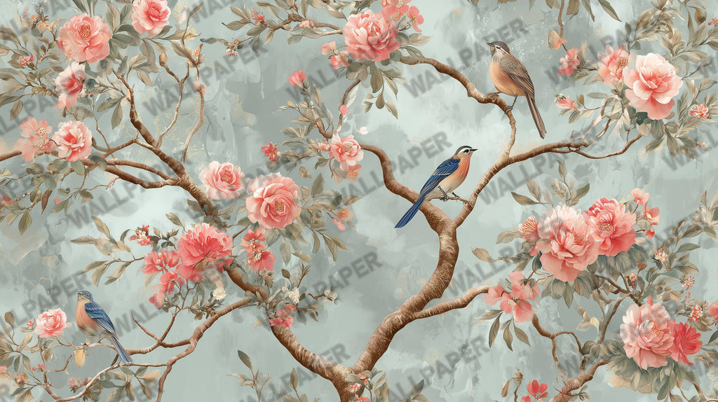 Spring Garden Bird Wallpaper : Sage Chinoiserie Blossom Mural - View 2