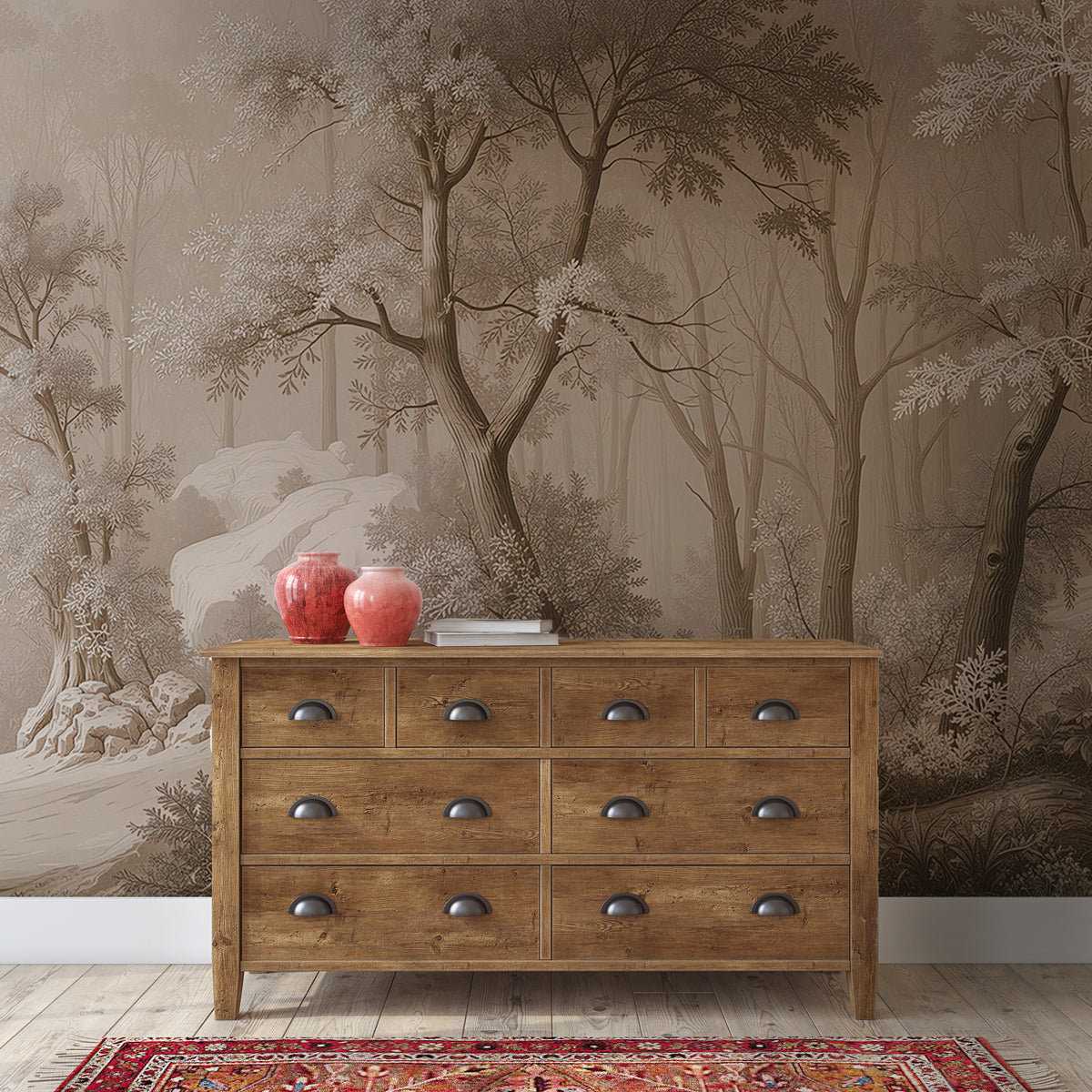 Brown Misty Forest Wallpaper : Sepia Woodland Mural