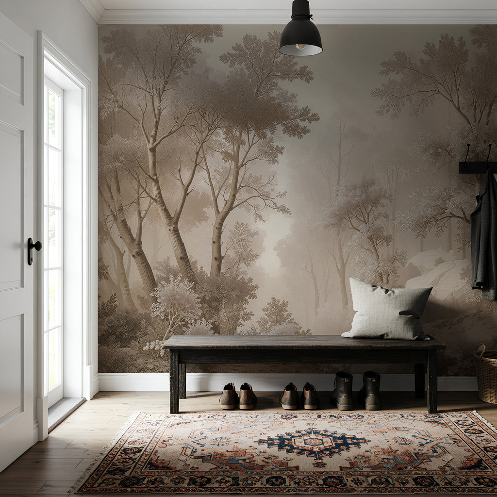 Brown Misty Forest Wallpaper : Sepia Woodland Mural - View 4