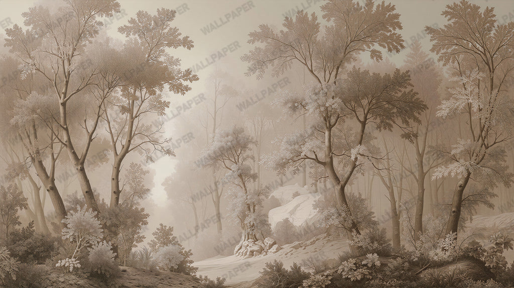 Brown Misty Forest Wallpaper : Sepia Woodland Mural - View 2
