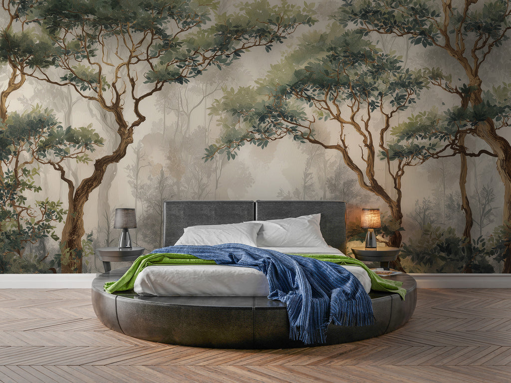 Green Trees Wallpaper : Soft Painterly Woodland Mural