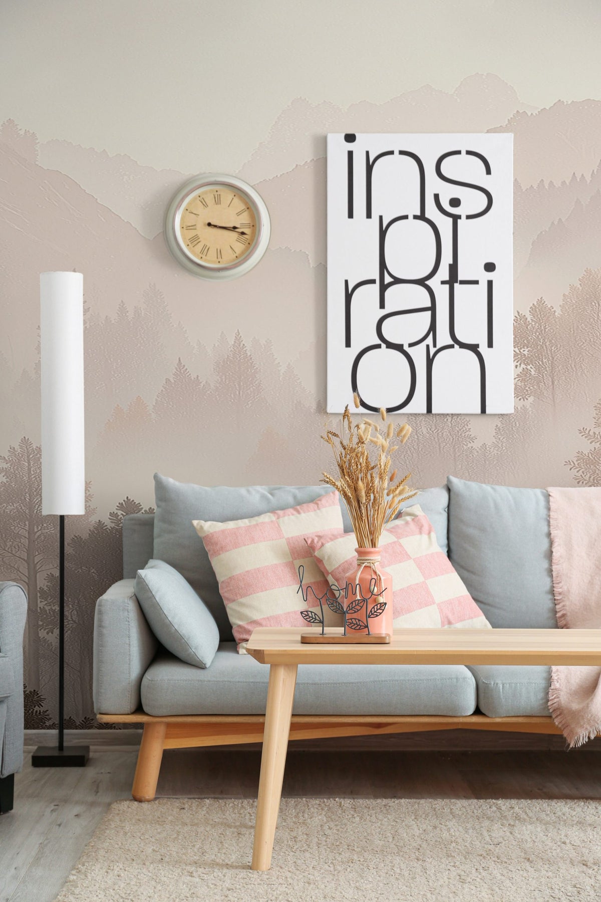 Blush Misty Mountain Wallpaper : Soft Forest Landscape Mural - View 3