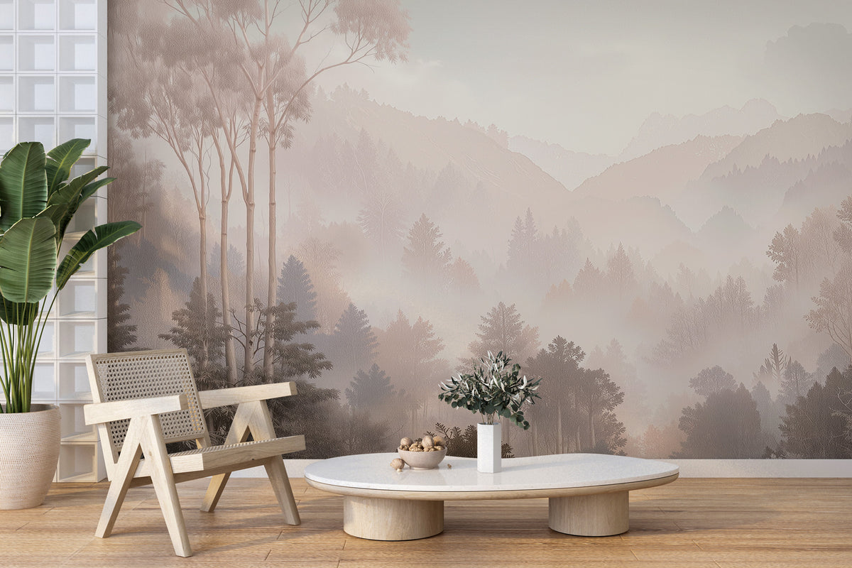 Blush Misty Mountain Wallpaper : Soft Forest Landscape Mural - View 4