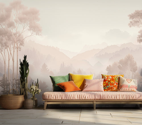 Blush Misty Mountain Wallpaper : Soft Forest Landscape Mural