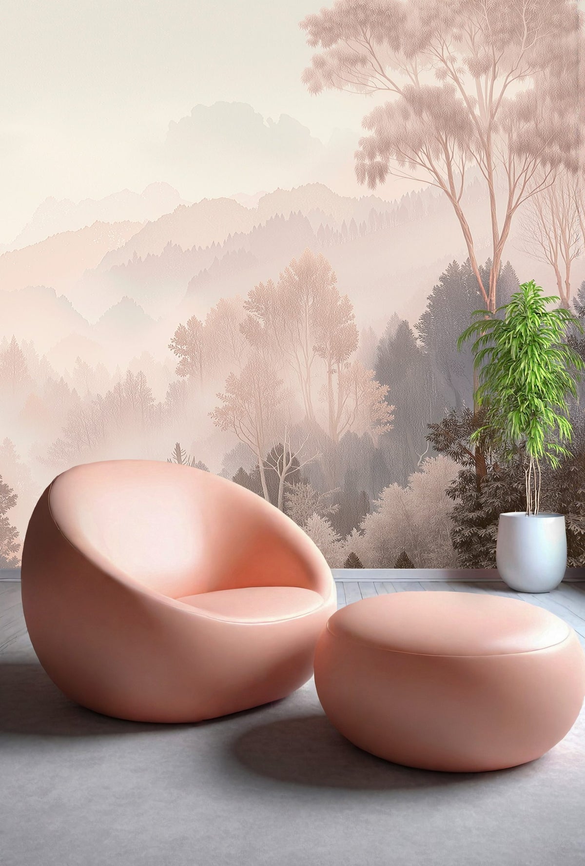 Blush Misty Mountain Wallpaper : Soft Forest Landscape Mural - View 5