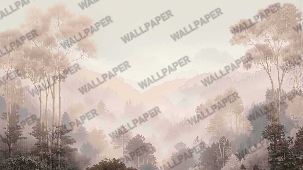 Blush Misty Mountain Wallpaper : Soft Forest Landscape Mural - View 2
