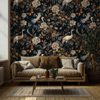 Dark Floral Bird Wallpaper : Gold Blooms and Butterflies Mural - View 3
