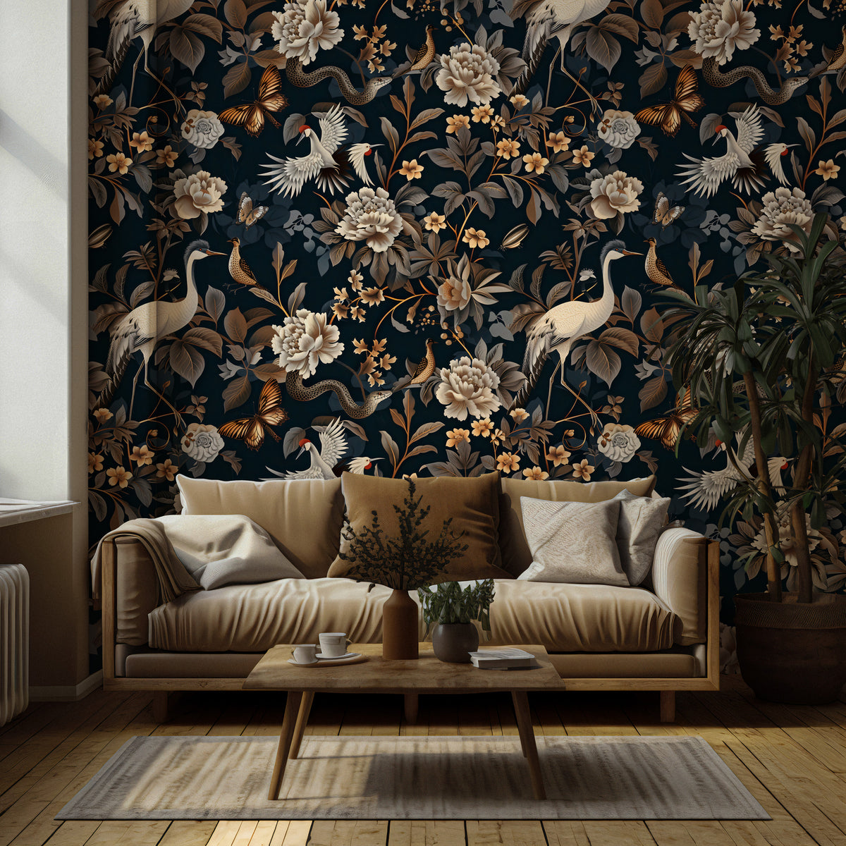 Dark Floral Bird Wallpaper : Gold Blooms and Butterflies Mural - View 3