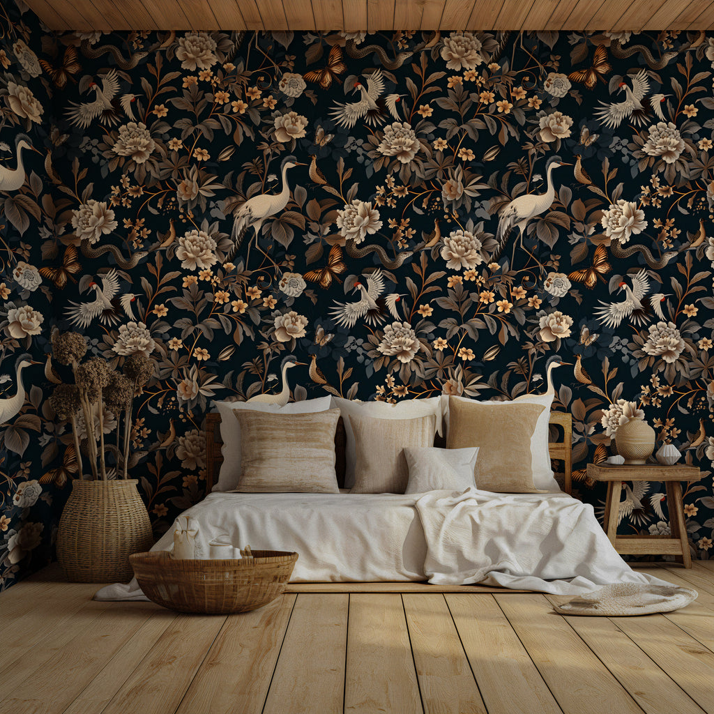 Dark Floral Bird Wallpaper : Gold Blooms and Butterflies Mural