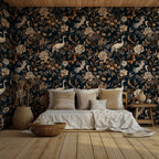 Dark Floral Bird Wallpaper : Gold Blooms and Butterflies Mural