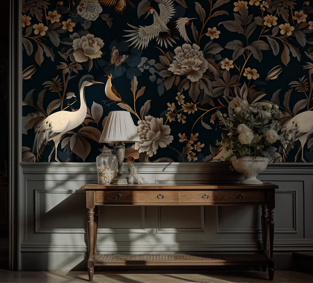 Dark Floral Bird Wallpaper : Gold Blooms and Butterflies Mural - View 4