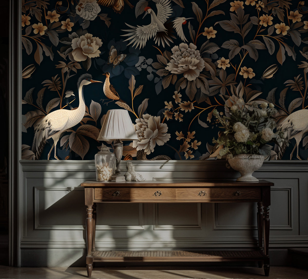 Dark Floral Bird Wallpaper : Gold Blooms and Butterflies Mural - View 4