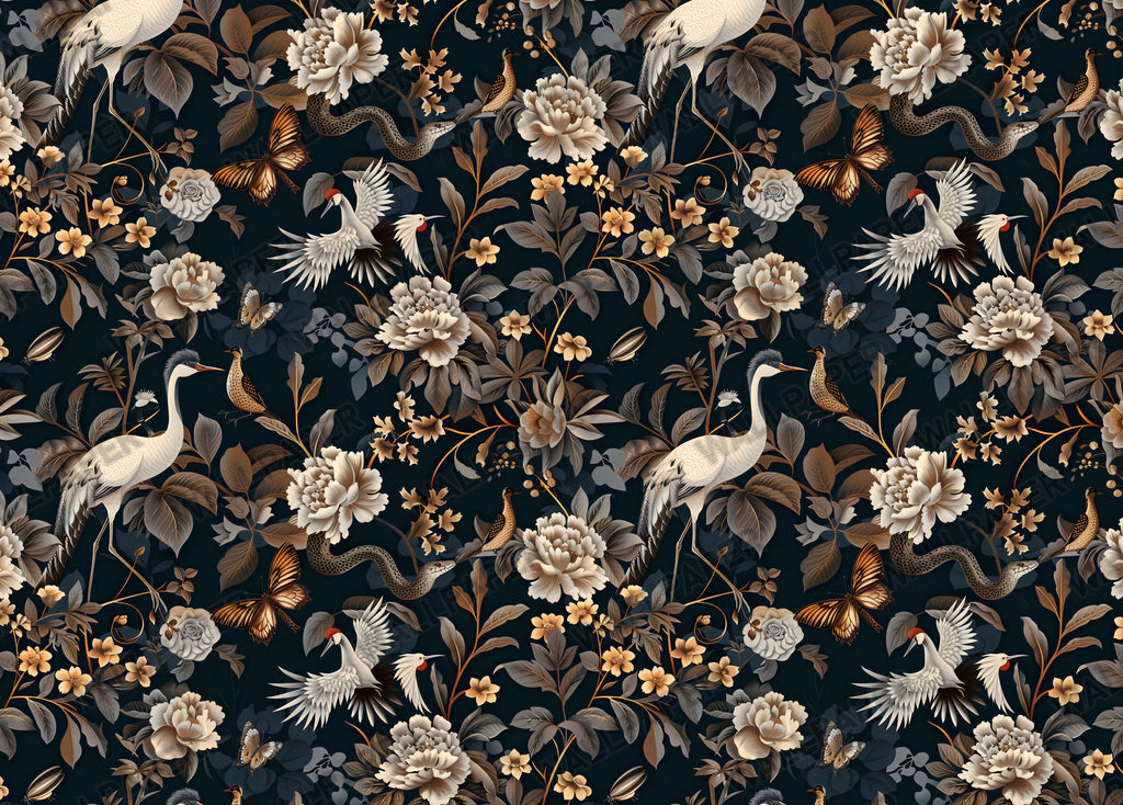 Dark Floral Bird Wallpaper : Gold Blooms and Butterflies Mural - View 2