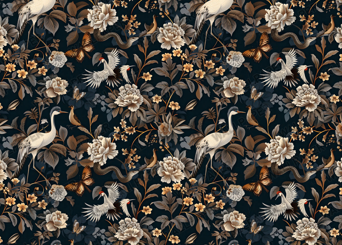 Dark Floral Bird Wallpaper : Gold Blooms and Butterflies Mural - View 2