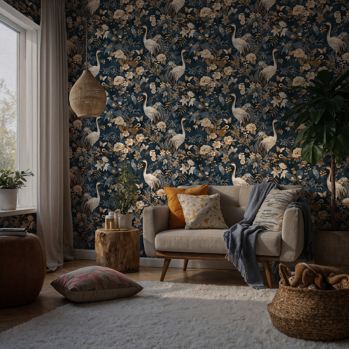 Crane Floral Wallpaper : Dark Elegant Bird Mural - View 3