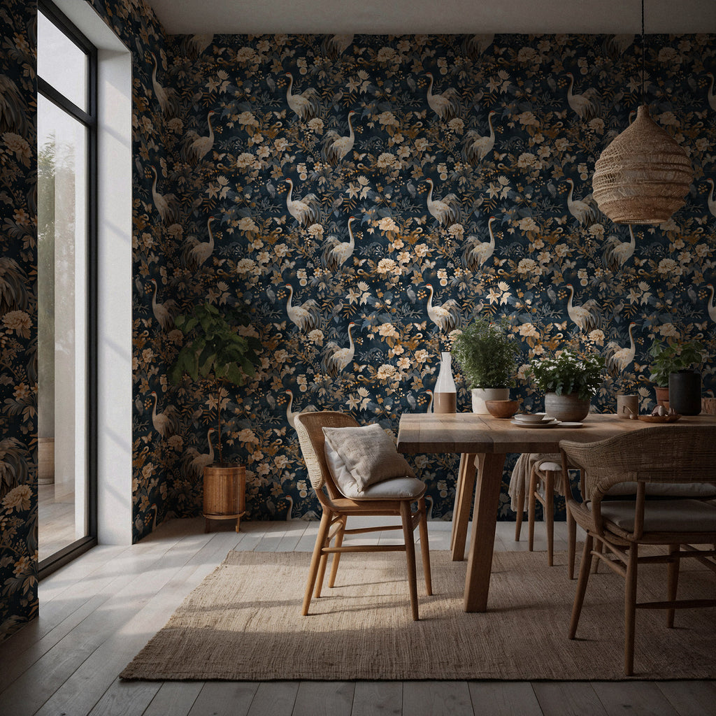 Crane Floral Wallpaper : Dark Elegant Bird Mural - View 4