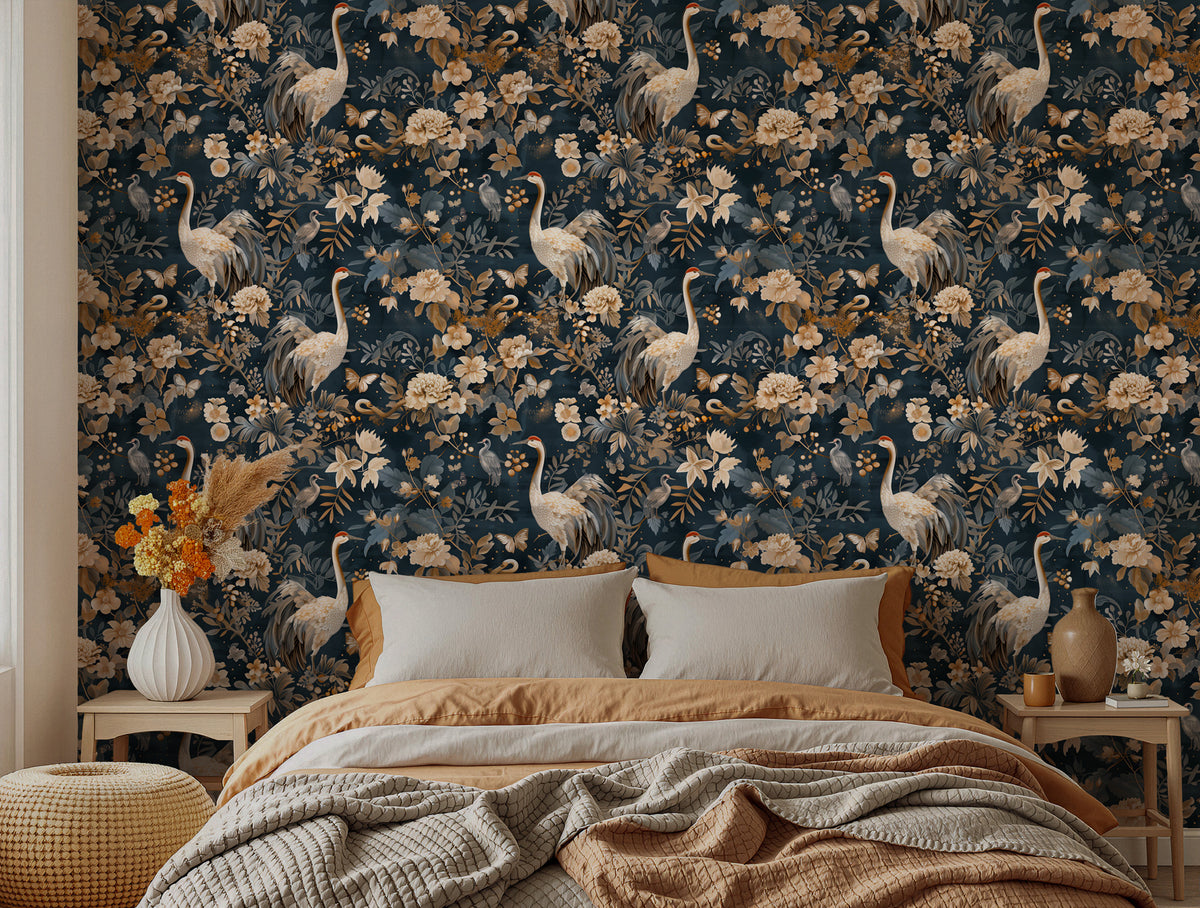 Crane Floral Wallpaper : Dark Elegant Bird Mural