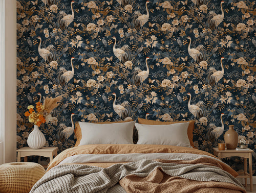 Crane Floral Wallpaper : Dark Elegant Bird Mural