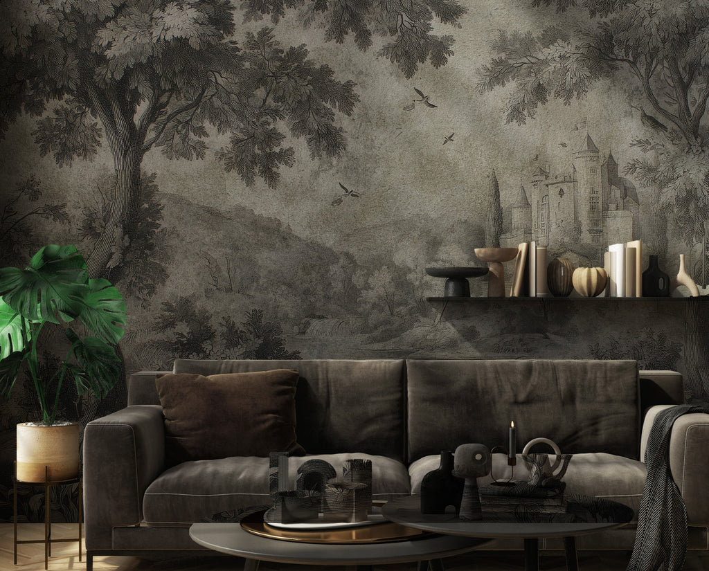 Vintage Castle Forest Wallpaper : Grey Toile Landscape Mural - View 5