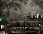 Vintage Castle Forest Wallpaper : Grey Toile Landscape Mural - View 5
