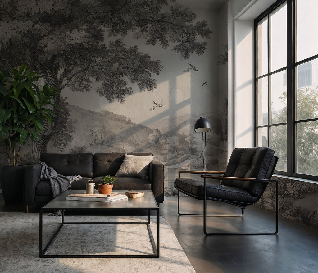 Vintage Castle Forest Wallpaper : Grey Toile Landscape Mural - View 3
