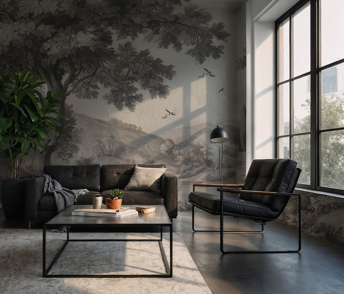 Vintage Castle Forest Wallpaper : Grey Toile Landscape Mural - View 3