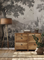 Vintage Castle Forest Wallpaper : Grey Toile Landscape Mural - View 4