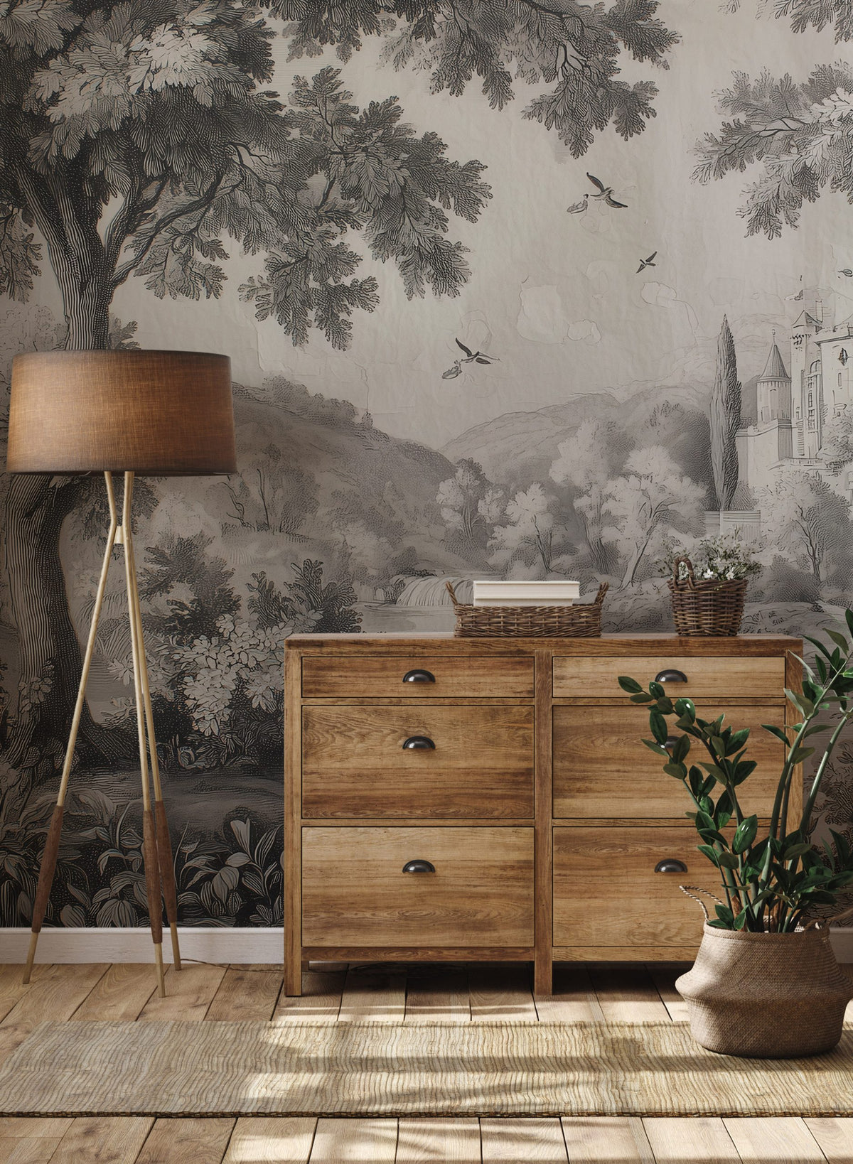 Vintage Castle Forest Wallpaper : Grey Toile Landscape Mural - View 4