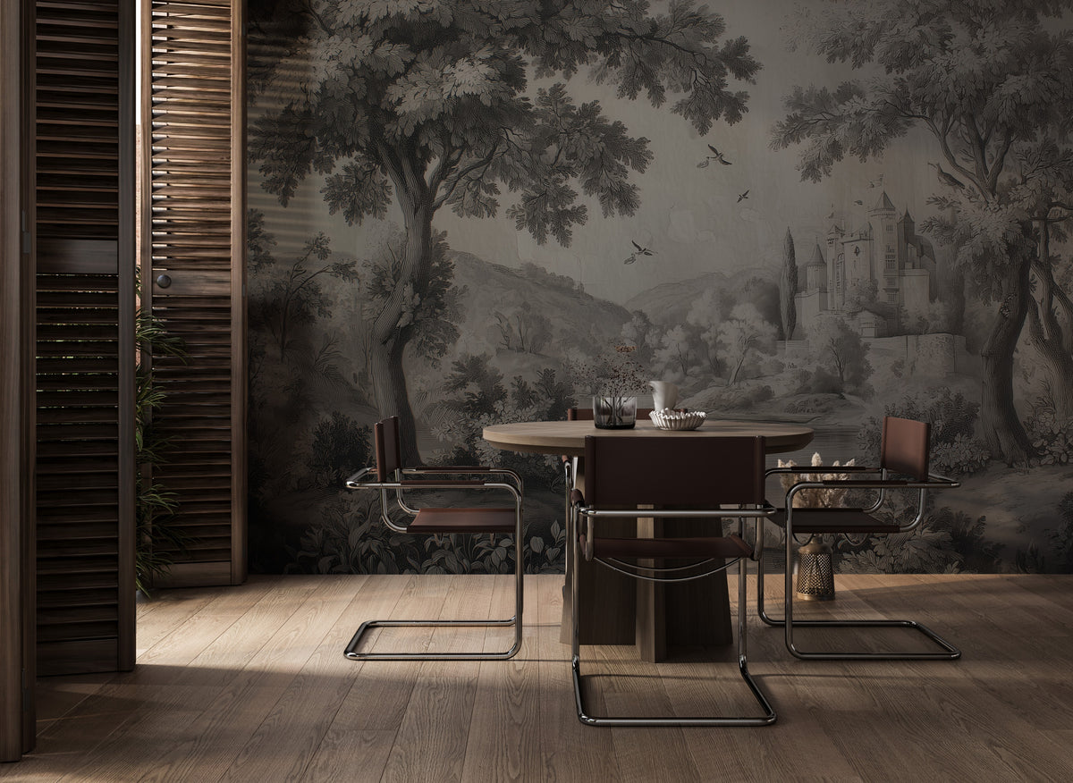 Vintage Castle Forest Wallpaper : Grey Toile Landscape Mural