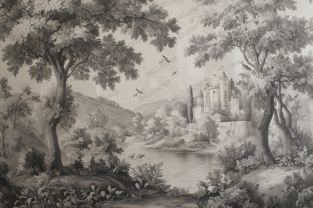 Vintage Castle Forest Wallpaper : Grey Toile Landscape Mural - View 2