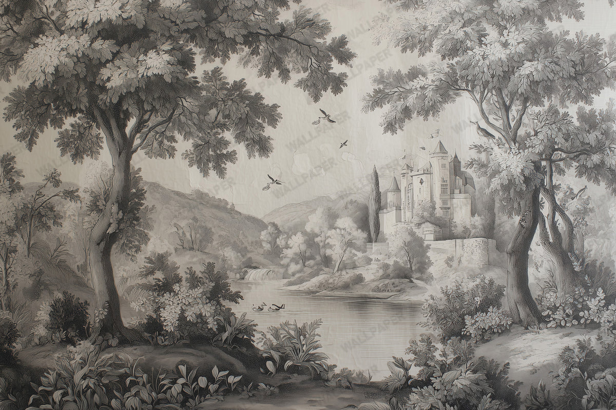 Vintage Castle Forest Wallpaper : Grey Toile Landscape Mural - View 2