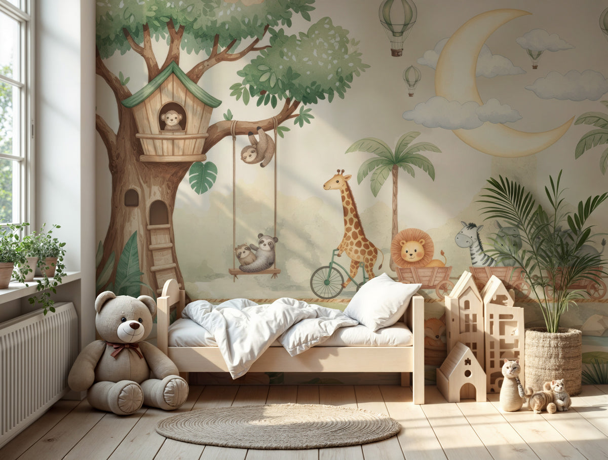 Jungle Treehouse Wallpaper : Giraffe and Animal Train Kids Mural