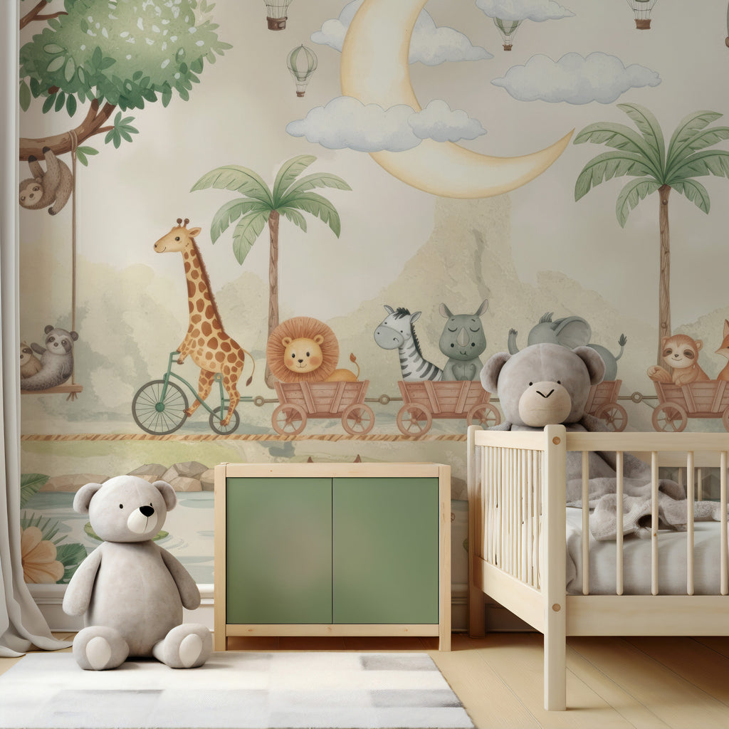 Jungle Treehouse Wallpaper : Giraffe and Animal Train Kids Mural - View 3