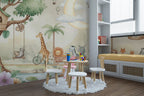 Jungle Treehouse Wallpaper : Giraffe and Animal Train Kids Mural - View 4