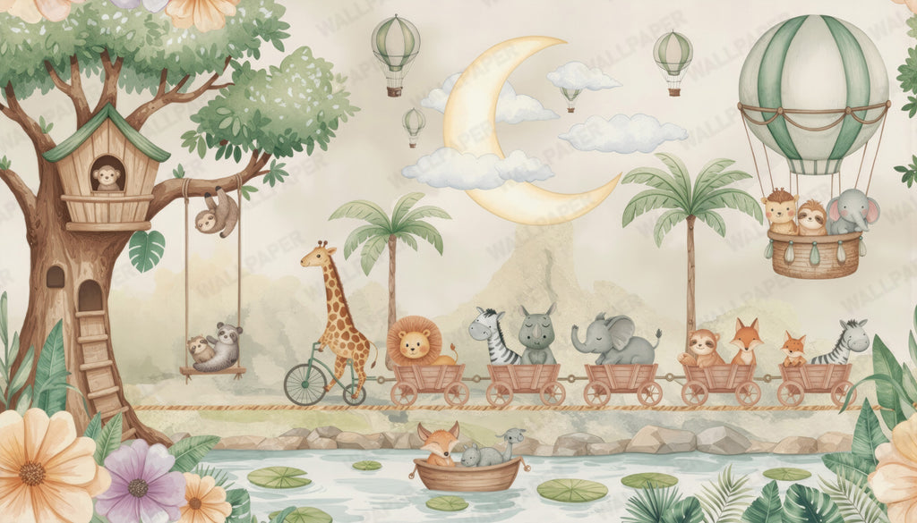Jungle Treehouse Wallpaper : Giraffe and Animal Train Kids Mural - View 2